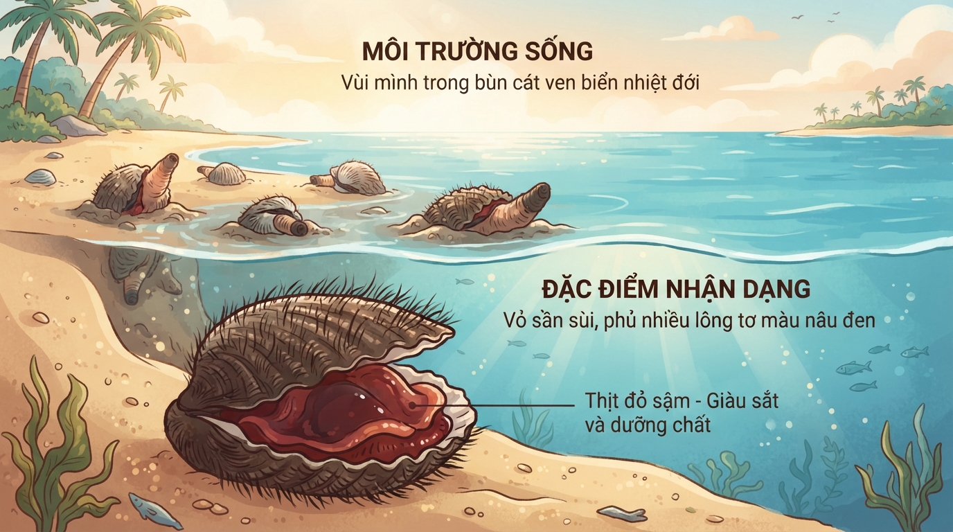 Đặc điểm nhận diện đặc trưng và môi trường sống tự nhiên của sò lông.