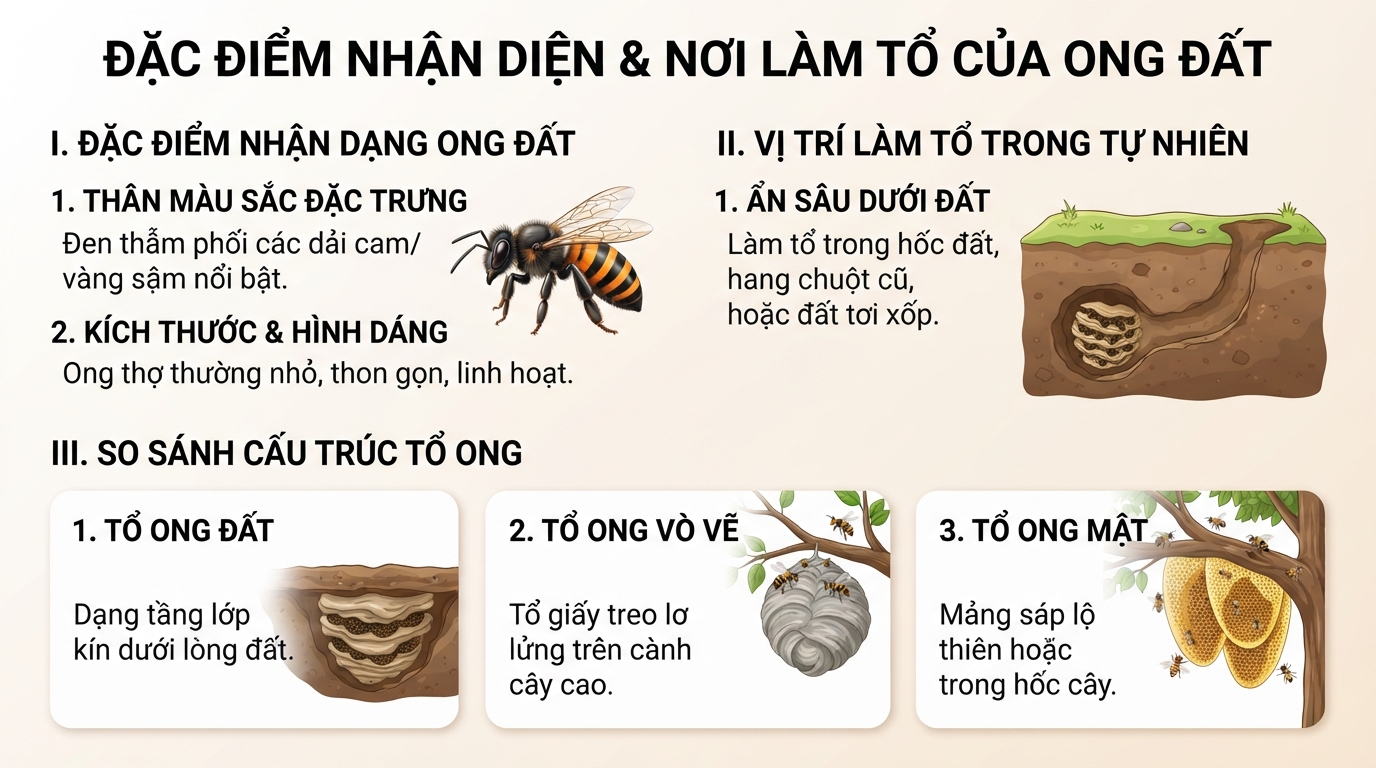 Đặc điểm nhận diện ong đất và phân biệt vị trí làm tổ trong tự nhiên.