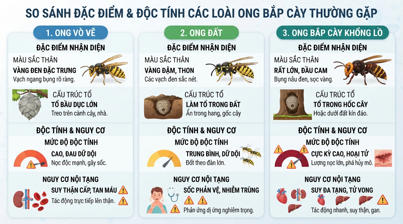 Đặc điểm nhận diện và độc tính các loài ong bắp cày thường gặp.