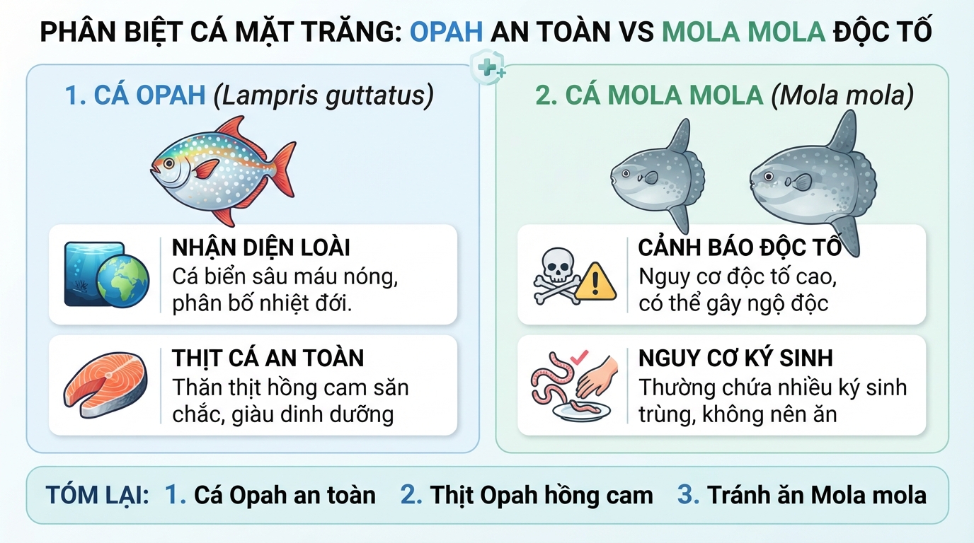 Đặc điểm phân biệt cá mặt trăng Opah an toàn với loài Mola mola chứa độc tố.