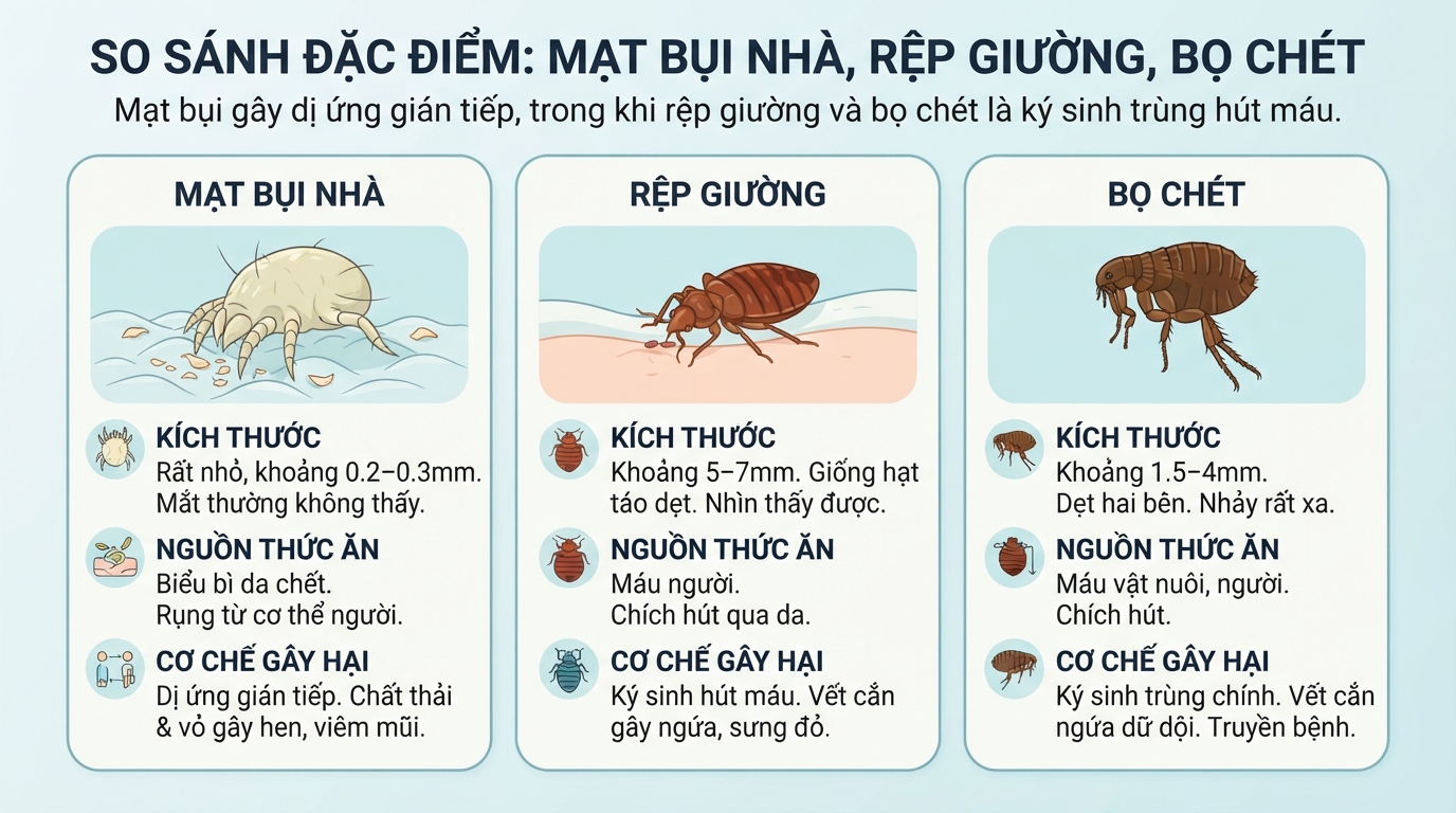 Đặc điểm phân biệt mạt bụi nhà với rệp giường và bọ chét hút máu.