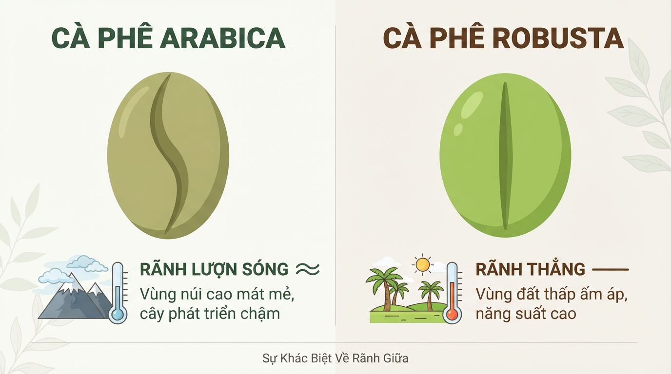 Đặc điểm rãnh lượn sóng giúp phân biệt hạt arabica với dòng Robusta rãnh thẳng.