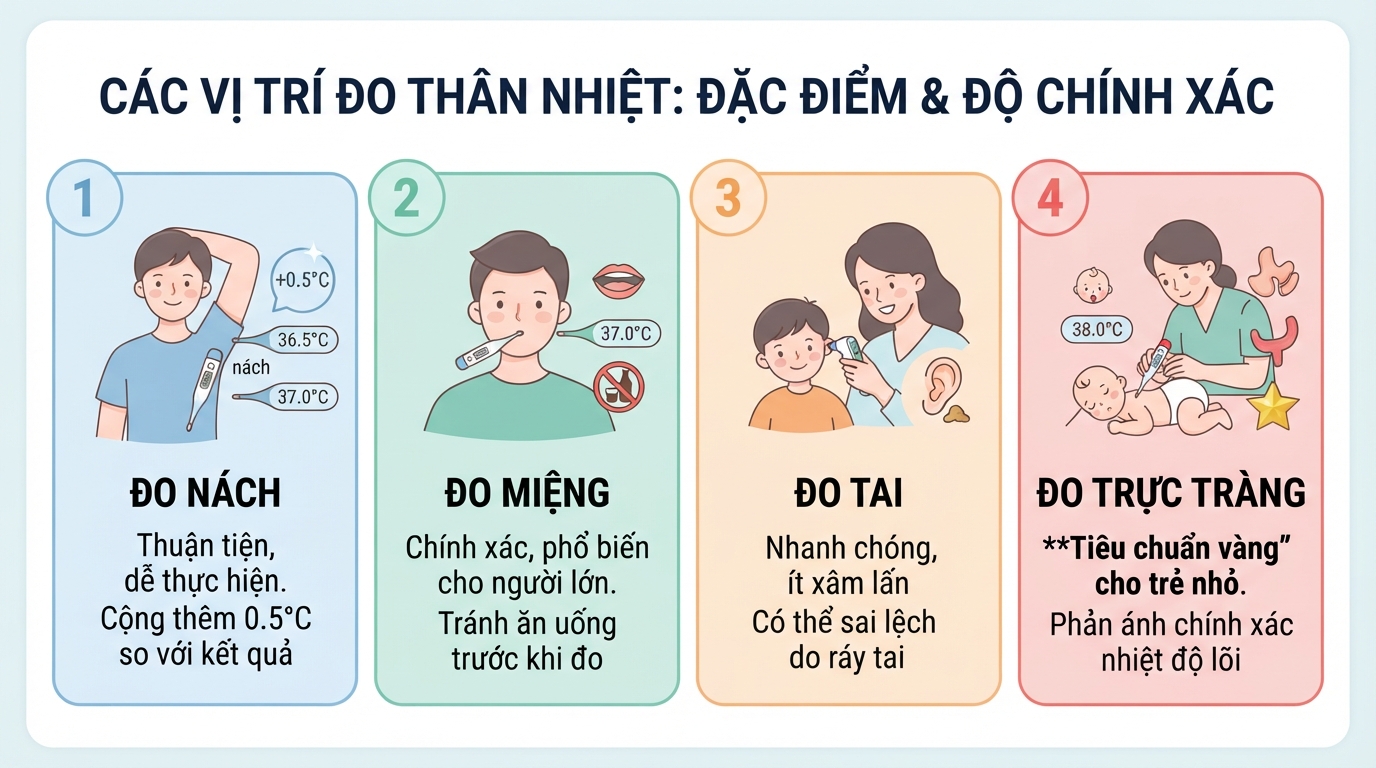 Đặc điểm và mức độ chính xác khi đo thân nhiệt tại bốn vị trí khác nhau.