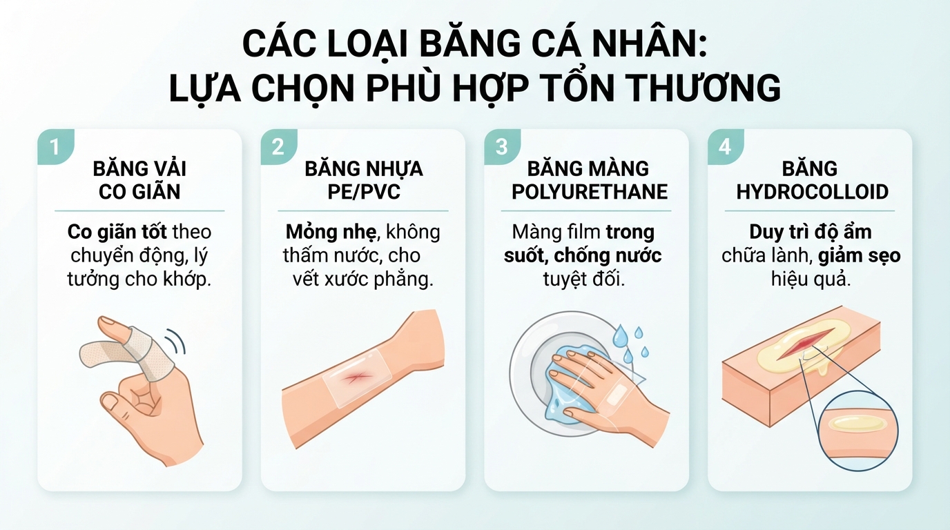Đặc tính các loại băng cá nhân giúp lựa chọn sản phẩm phù hợp tổn thương.