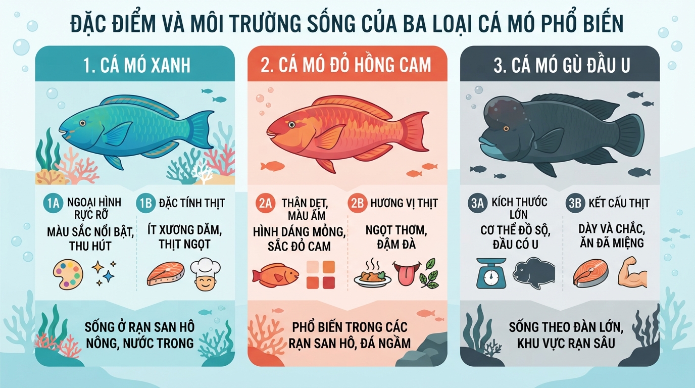 Đặc tính thịt và môi trường sống khác biệt của ba loại cá mó phổ biến.