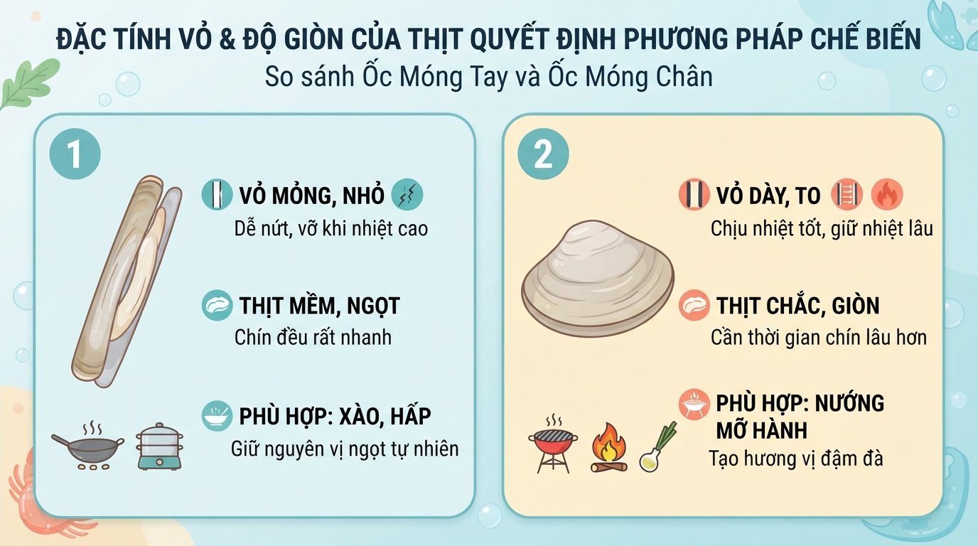 Đặc tính vỏ và độ giòn của thịt quyết định phương pháp chế biến phù hợp.