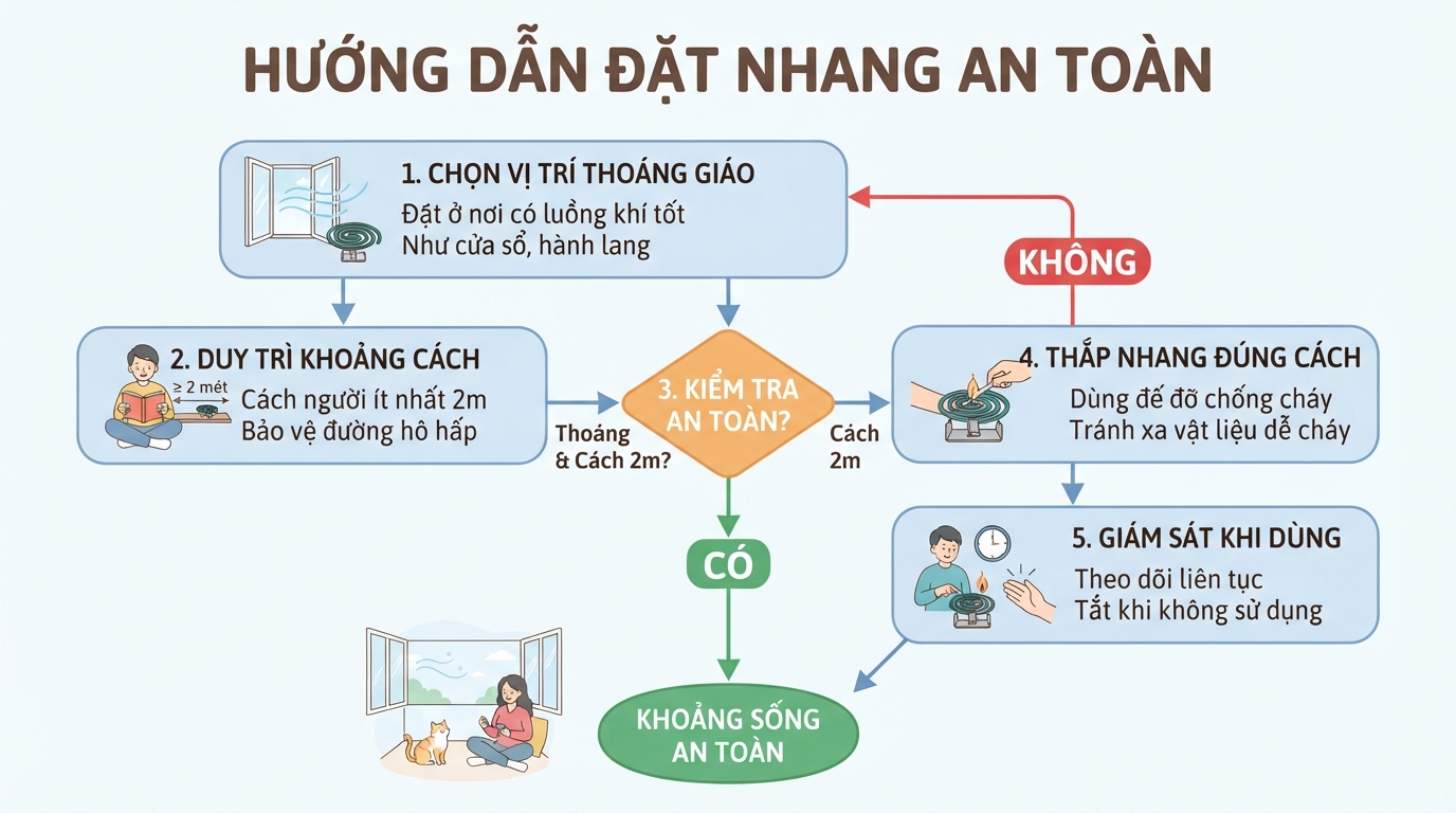 Đặt nhang ở vị trí thoáng gió và duy trì khoảng cách tối thiểu 2m để bảo vệ hệ hô hấp.