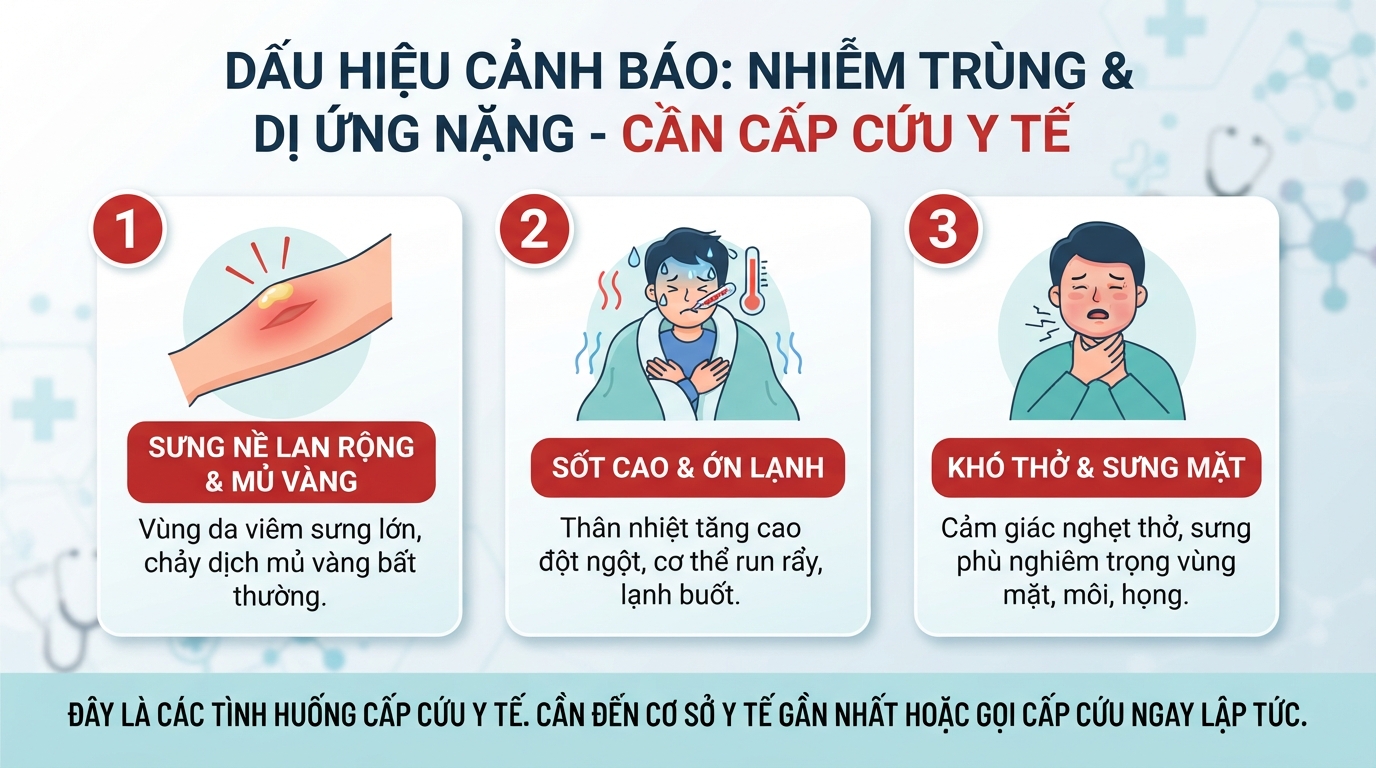 Dấu hiệu cảnh báo nhiễm trùng thứ phát và dị ứng nặng cần gặp bác sĩ ngay.