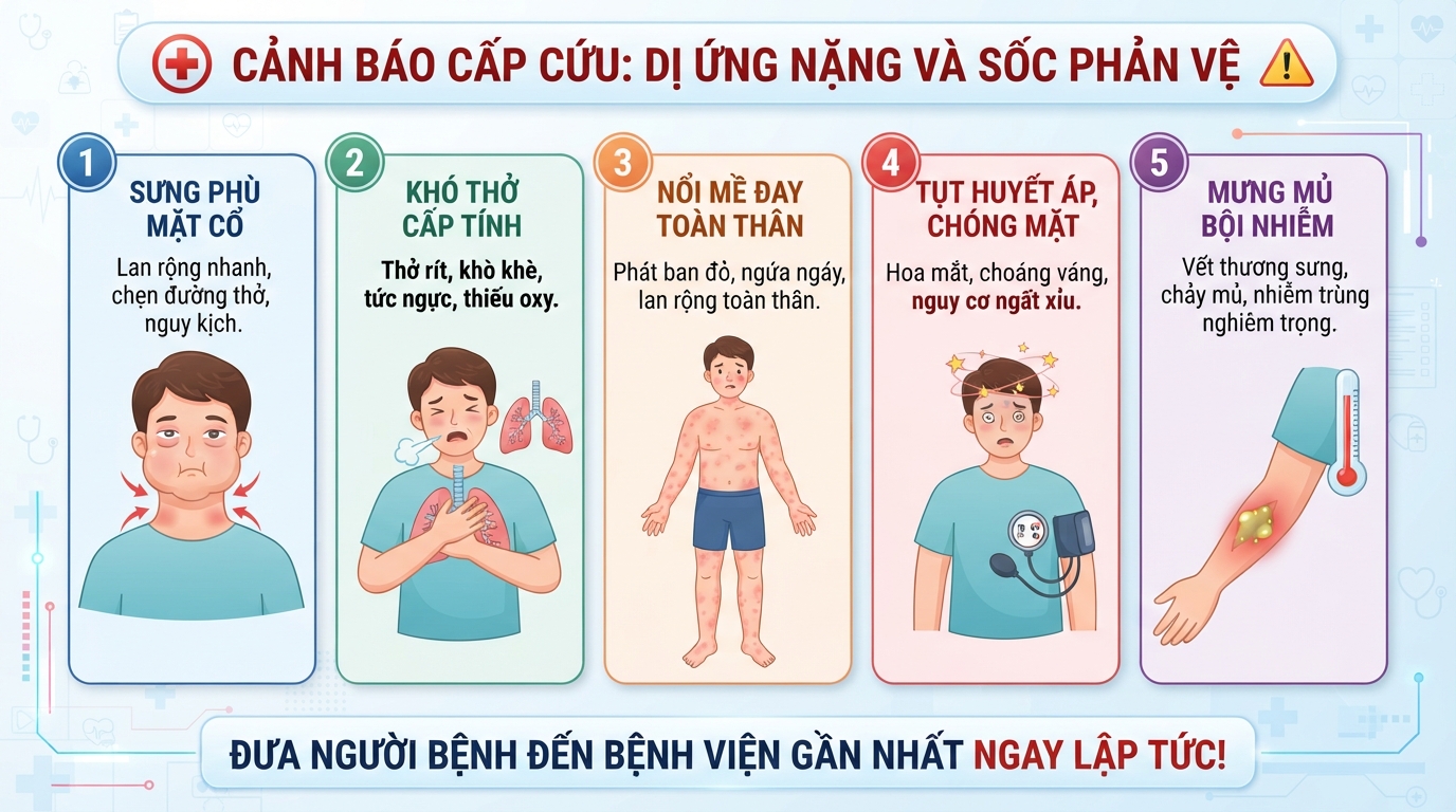 Dấu hiệu dị ứng nặng và sốc phản vệ cần nhập viện cấp cứu khẩn cấp.