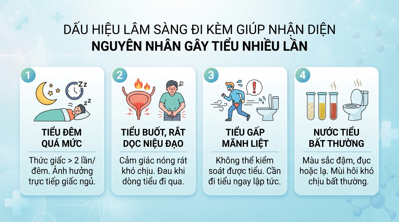 Dấu hiệu lâm sàng đi kèm giúp nhận diện chính xác nguyên nhân gây tiểu nhiều lần.