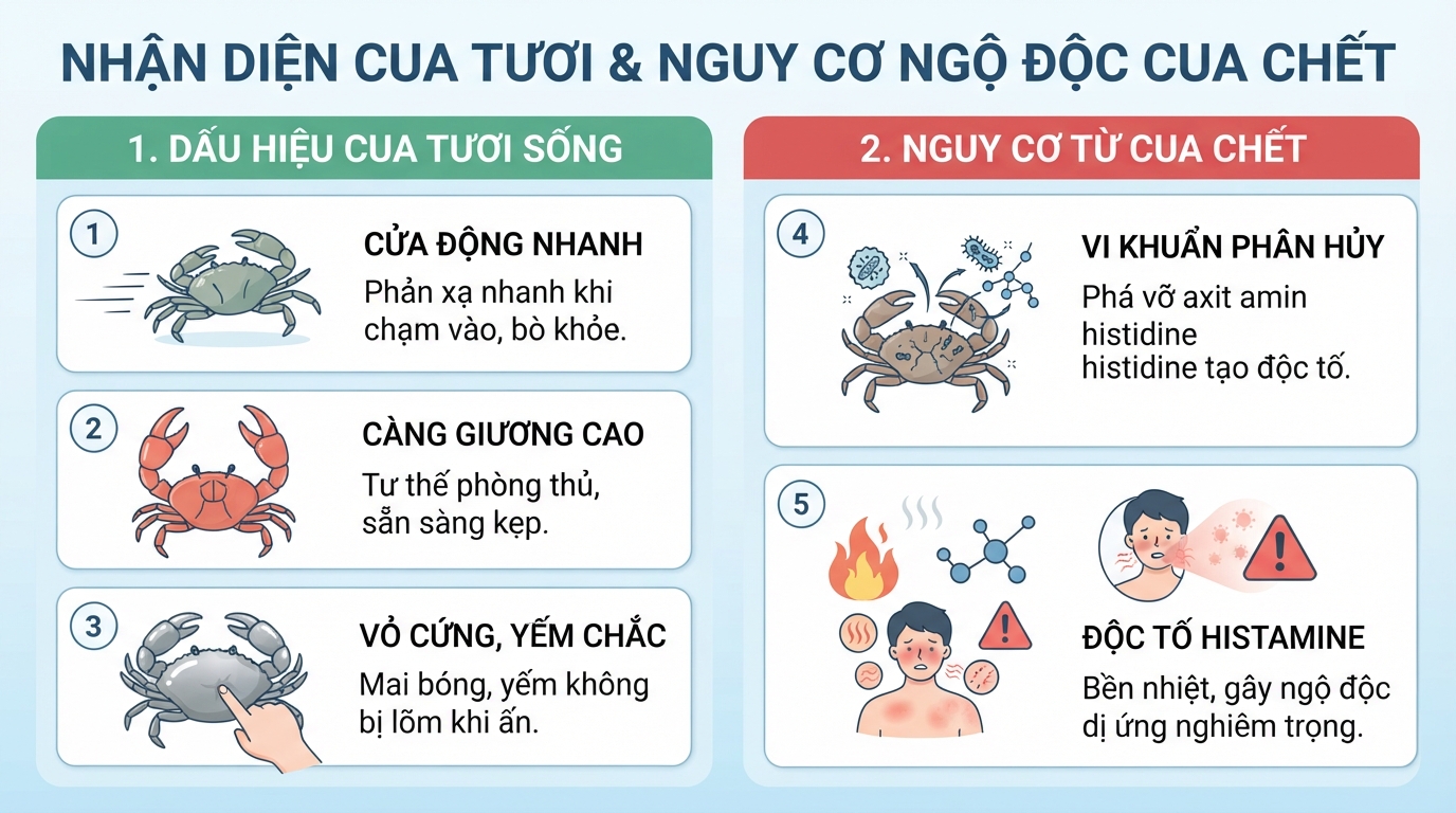 Dấu hiệu nhận diện cua tươi và nguy cơ ngộ độc từ cua chết.