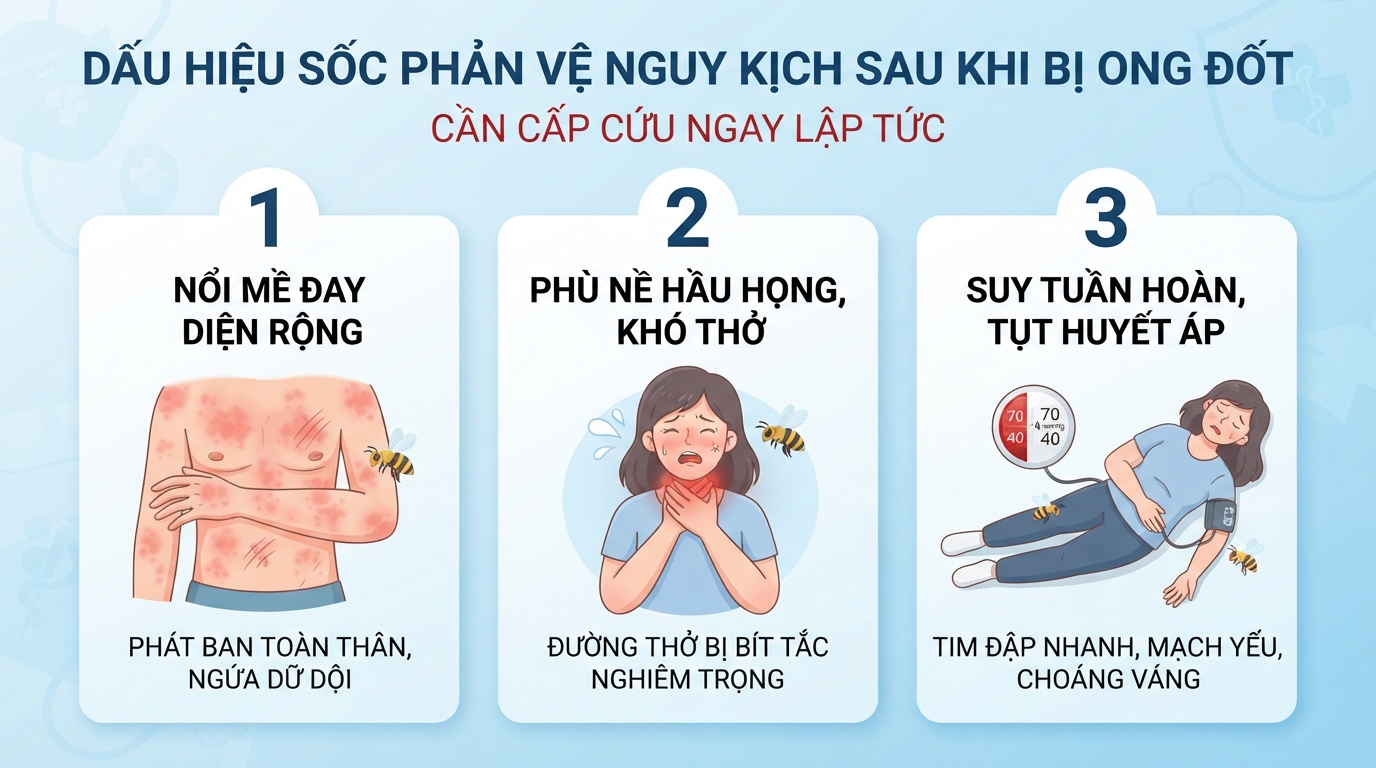 Dấu hiệu sốc phản vệ nguy kịch cần cấp cứu ngay sau khi bị ong đốt.