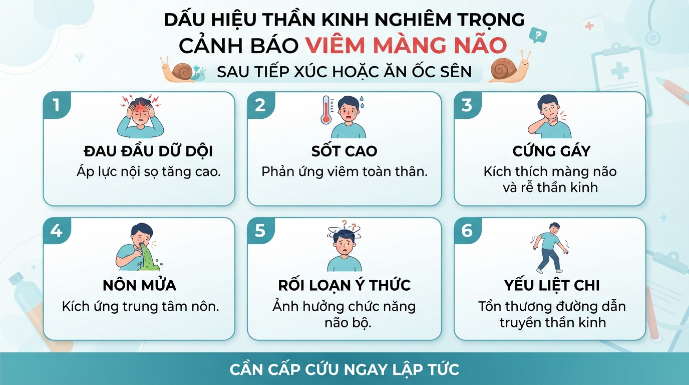Dấu hiệu thần kinh nghiêm trọng cảnh báo nguy cơ viêm màng não sau khi tiếp xúc.