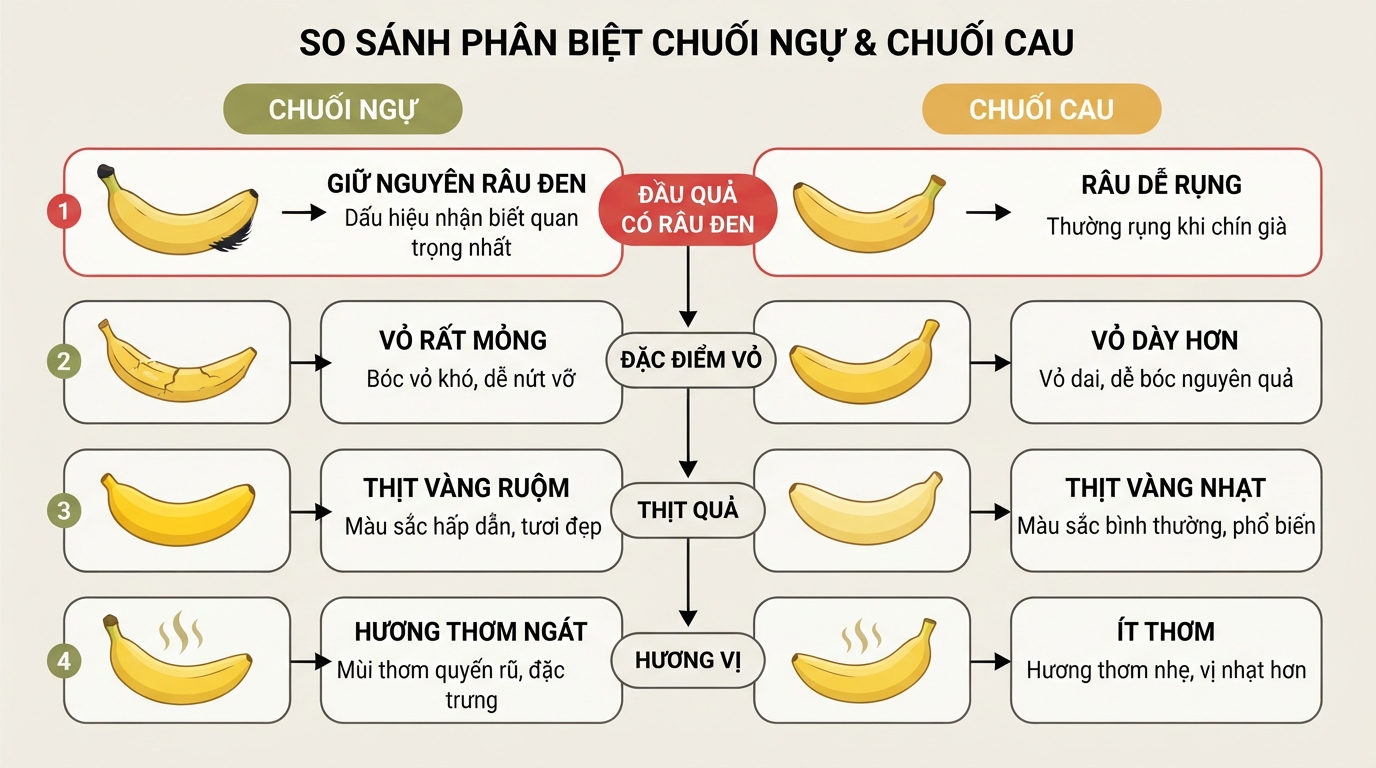 Đầu quả giữ nguyên râu đen là dấu hiệu nhận biết quan trọng nhất để phân biệt.