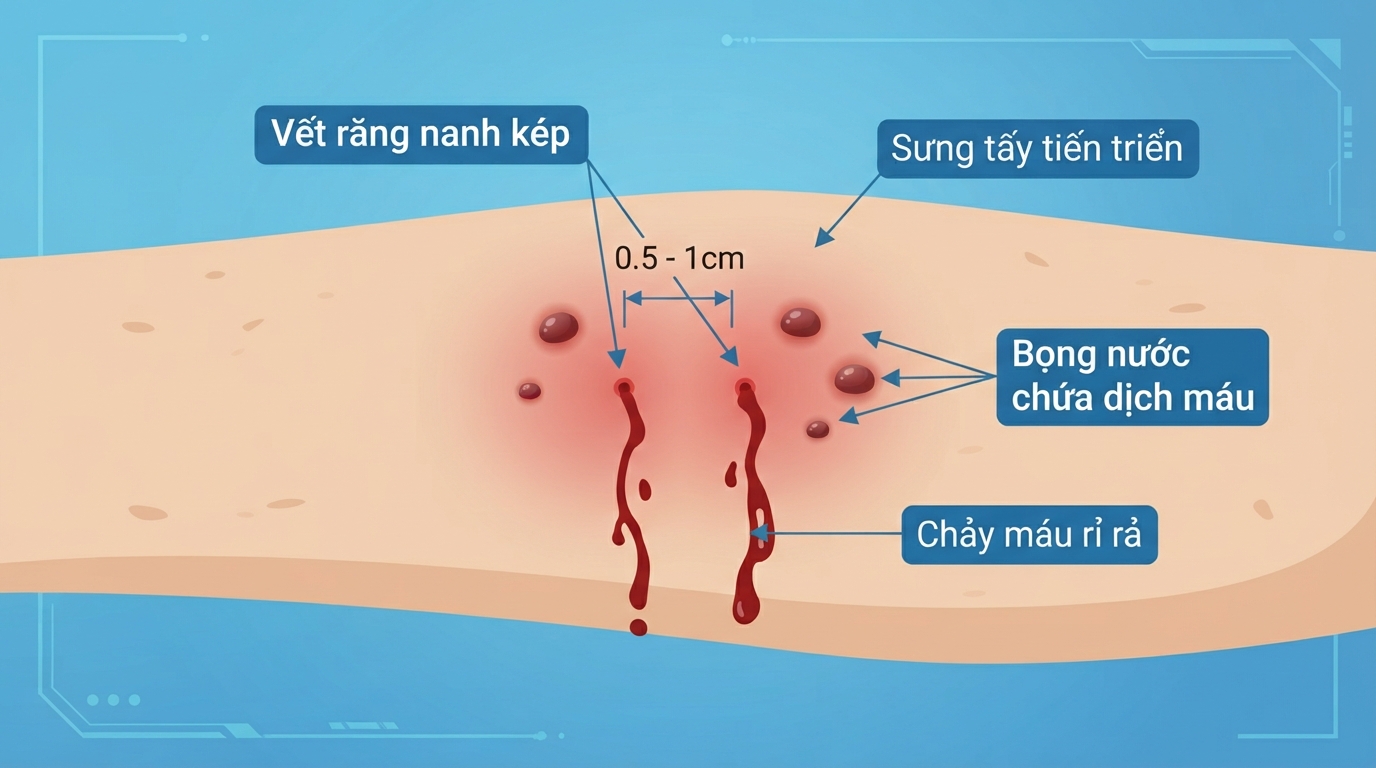 Dấu răng nanh kép kèm sưng nề và chảy máu rỉ rả là dấu hiệu đặc trưng.