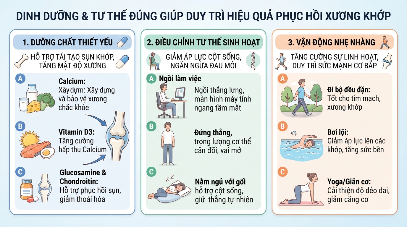 Dinh dưỡng và tư thế đúng giúp duy trì hiệu quả phục hồi xương khớp.