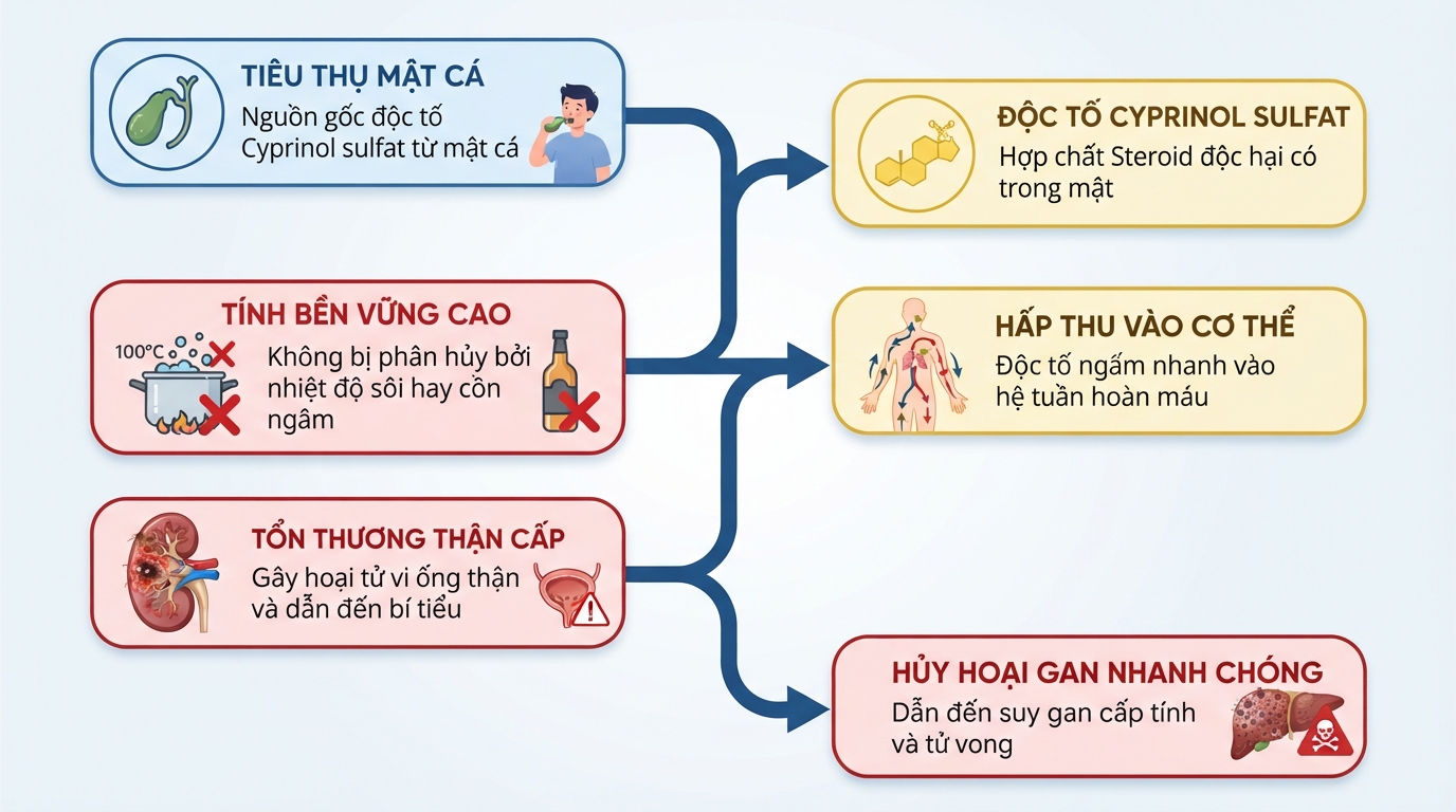 Độc tố Cyprinol sulfat trong mật không bị phân hủy bởi nhiệt độ hay nồng độ cồn.