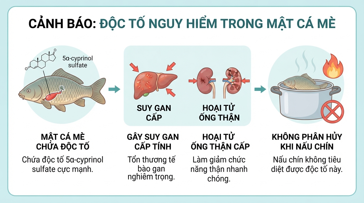 Độc tố trong mật cá mè gây suy gan thận cấp và không bị phân hủy khi nấu chín.