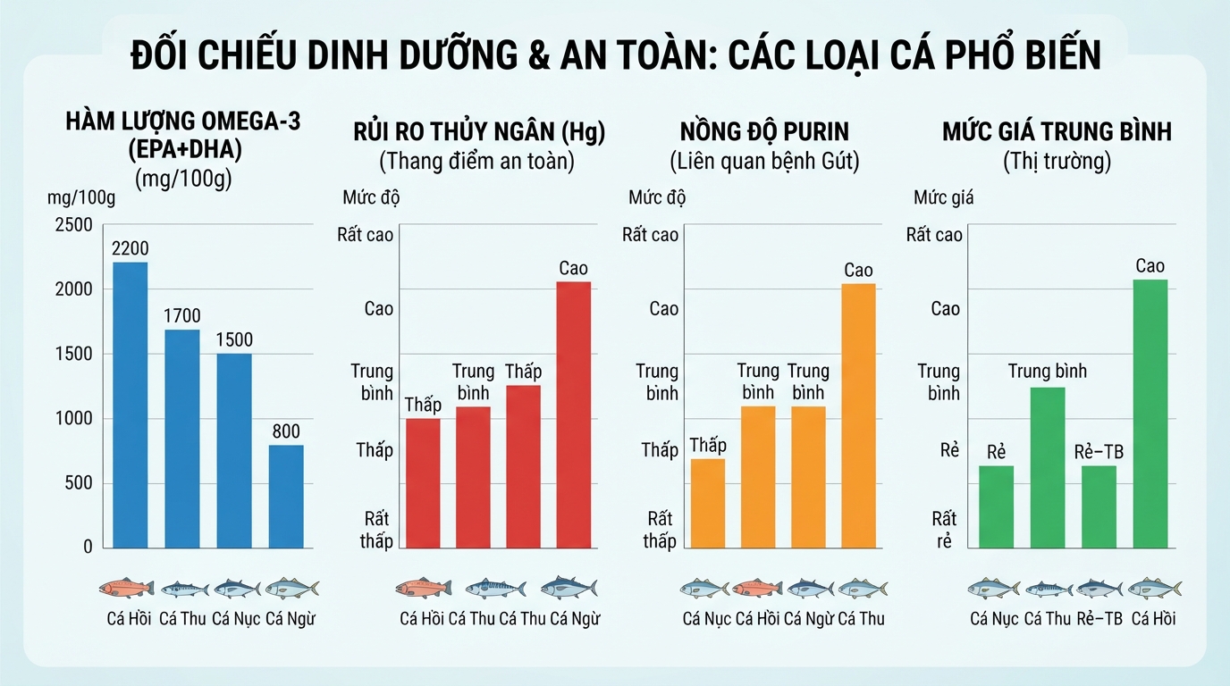 Đối chiếu hàm lượng Omega-3 và mức an toàn thủy ngân giữa các loại cá phổ biến.