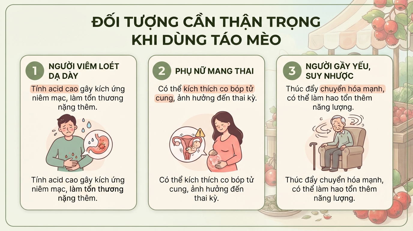 Đối tượng cần thận trọng hoặc không nên dùng táo mèo để đảm bảo an toàn sức khỏe.