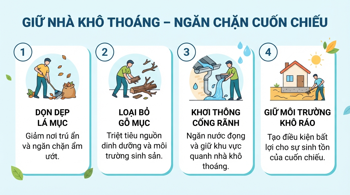 Dọn dẹp lá mục và giữ môi trường khô ráo giúp ngăn ngừa cuốn chiếu vào nhà.