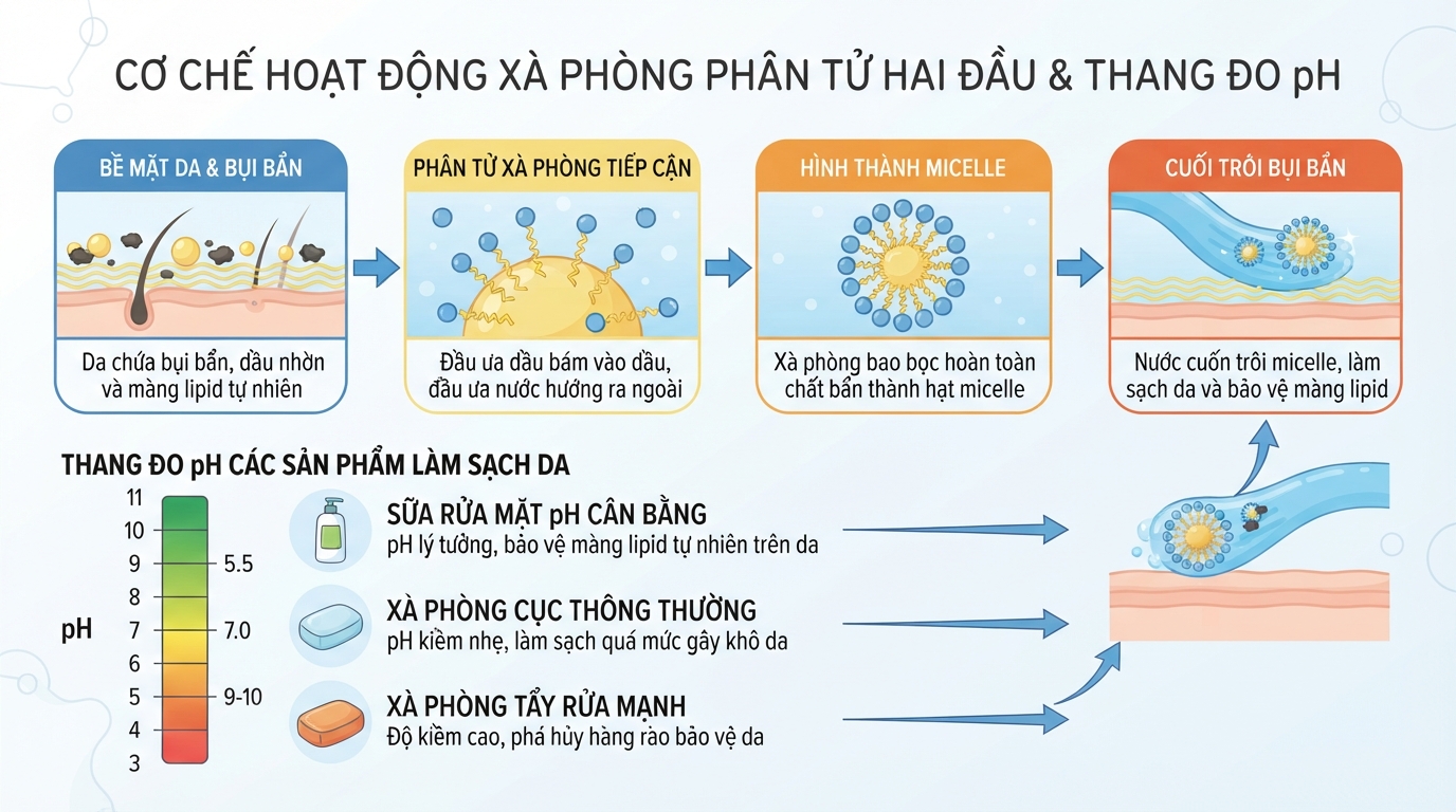 Dùng xà phòng độ pH cân bằng giúp bảo vệ màng lipid tự nhiên trên da.