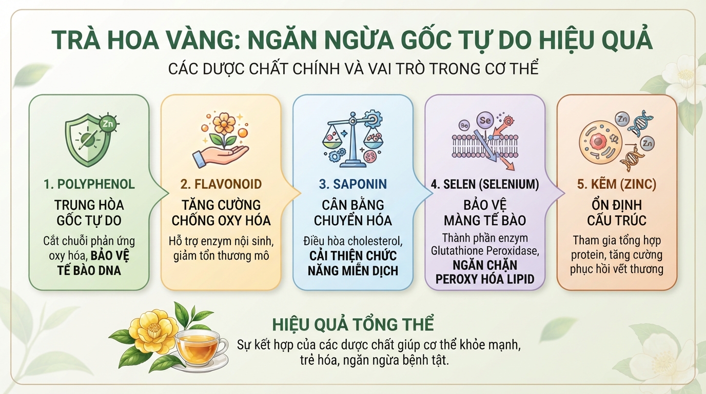 Dược chất trong trà hoa vàng giúp ngăn ngừa các gốc tự do hiệu quả.