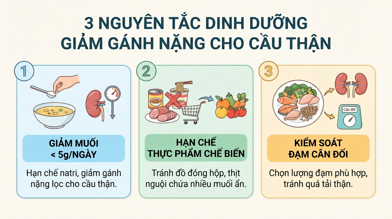 Duy trì chế độ ăn giảm muối dưới 5g mỗi ngày giúp giảm áp lực cho thận.