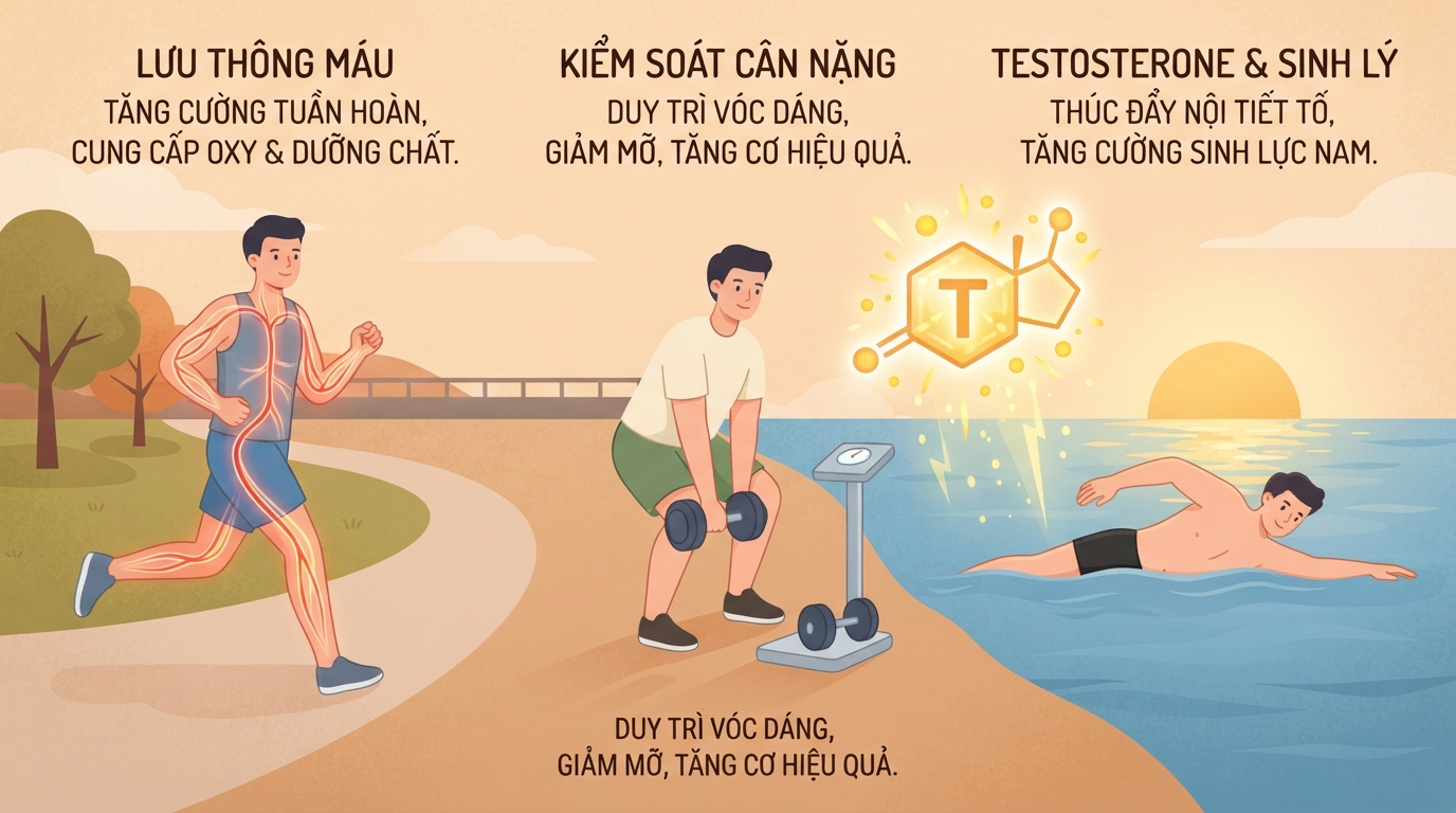 Duy trì thói quen tập thể thao hỗ trợ tăng cường testosterone nội sinh tự nhiên.