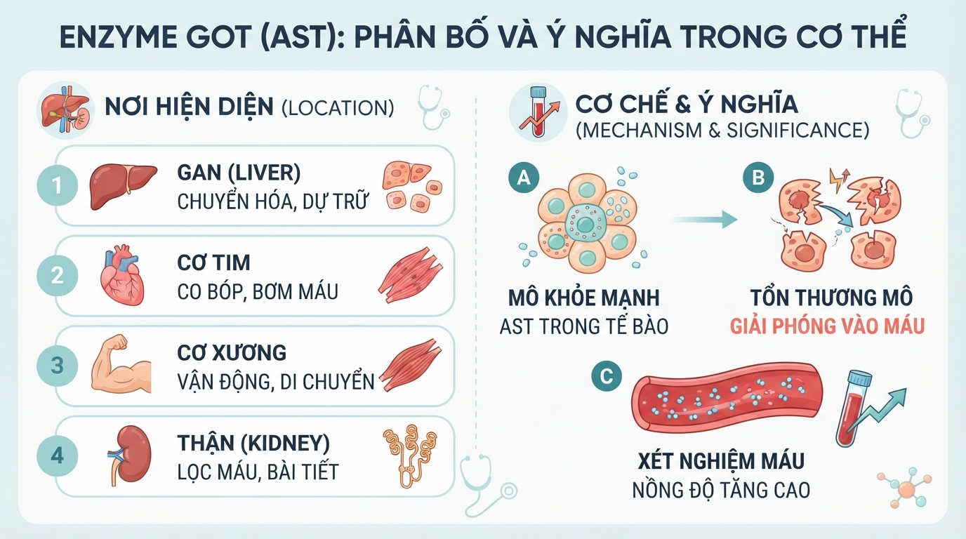 Enzyme got hiện diện tại nhiều cơ quan như gan, tim và thận trong cơ thể.