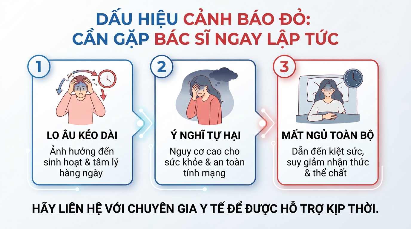 Gặp bác sĩ ngay khi lo âu kéo dài trên hai tuần hoặc xuất hiện ý nghĩ tự hại.