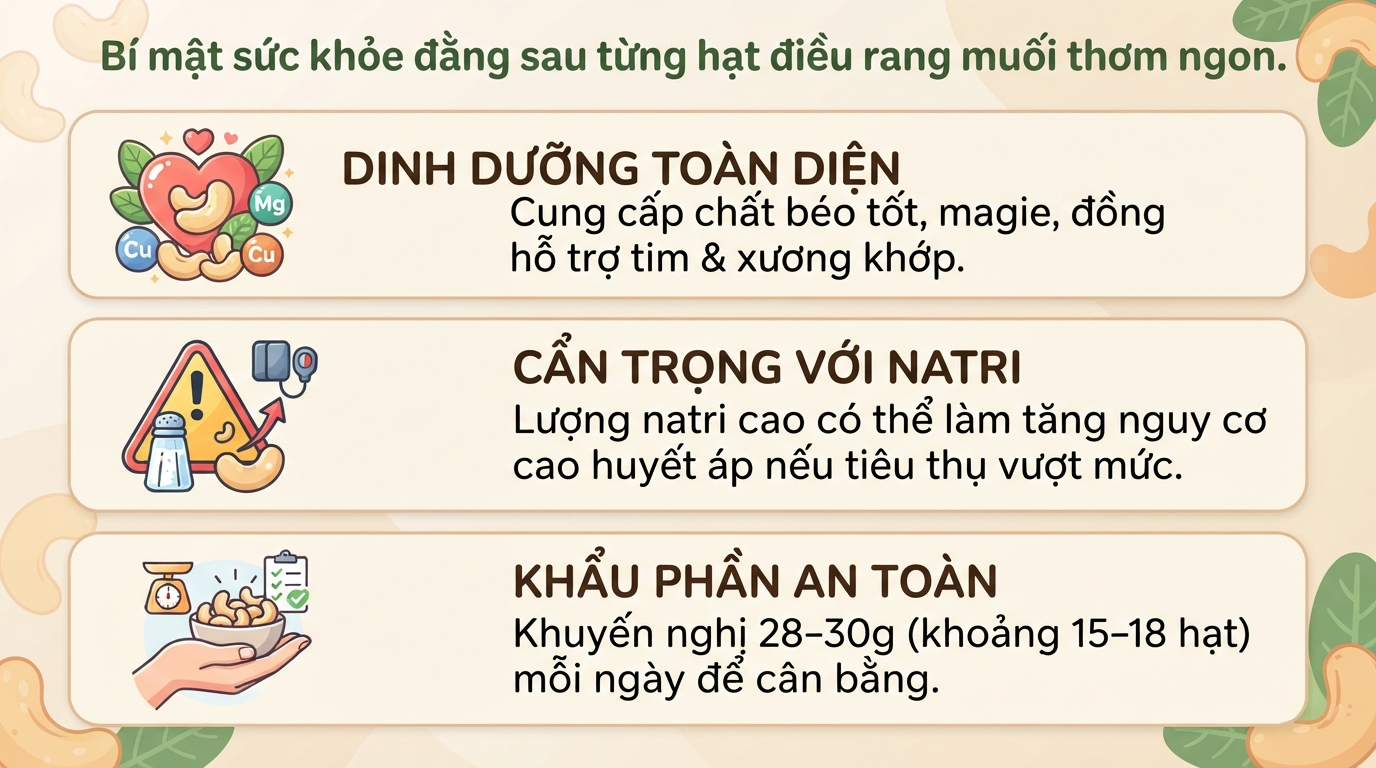 Hạt điều rang muối: Lợi ích sức khỏe và cách ăn hợp lý