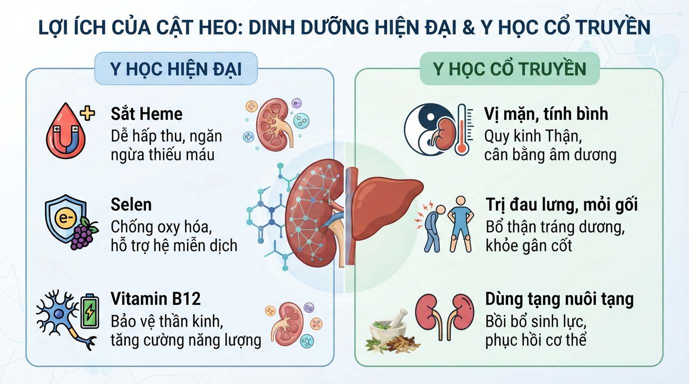 Giá trị dinh dưỡng hiện đại và tác dụng bổ thận tráng dương của cật heo theo y học cổ truyền.