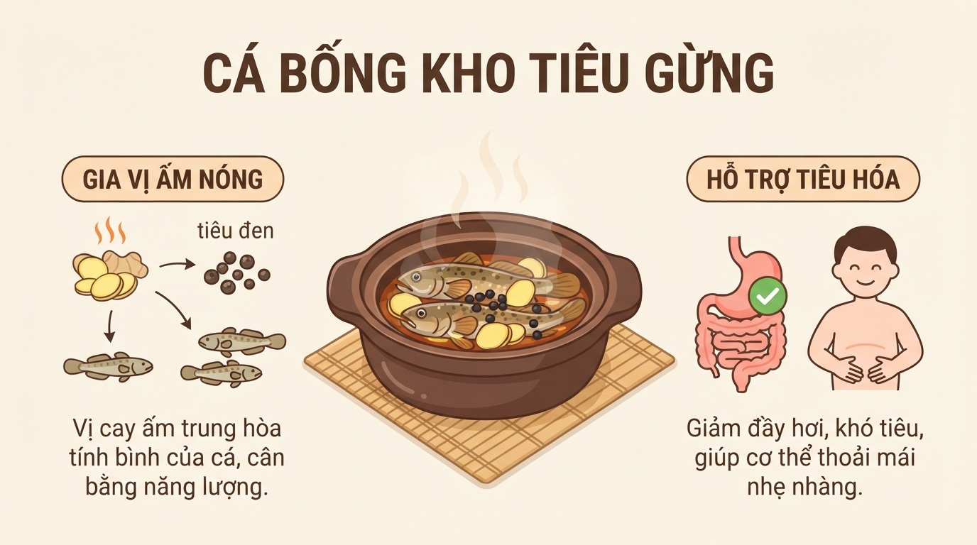 Gia vị ấm nóng như gừng hỗ trợ trung hòa tính bình trong cá bống khi tiêu hóa.