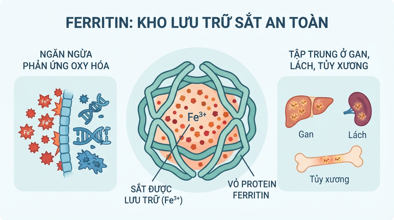 Giải thích ferritin là gì và vai trò lưu trữ sắt an toàn trong tế bào.