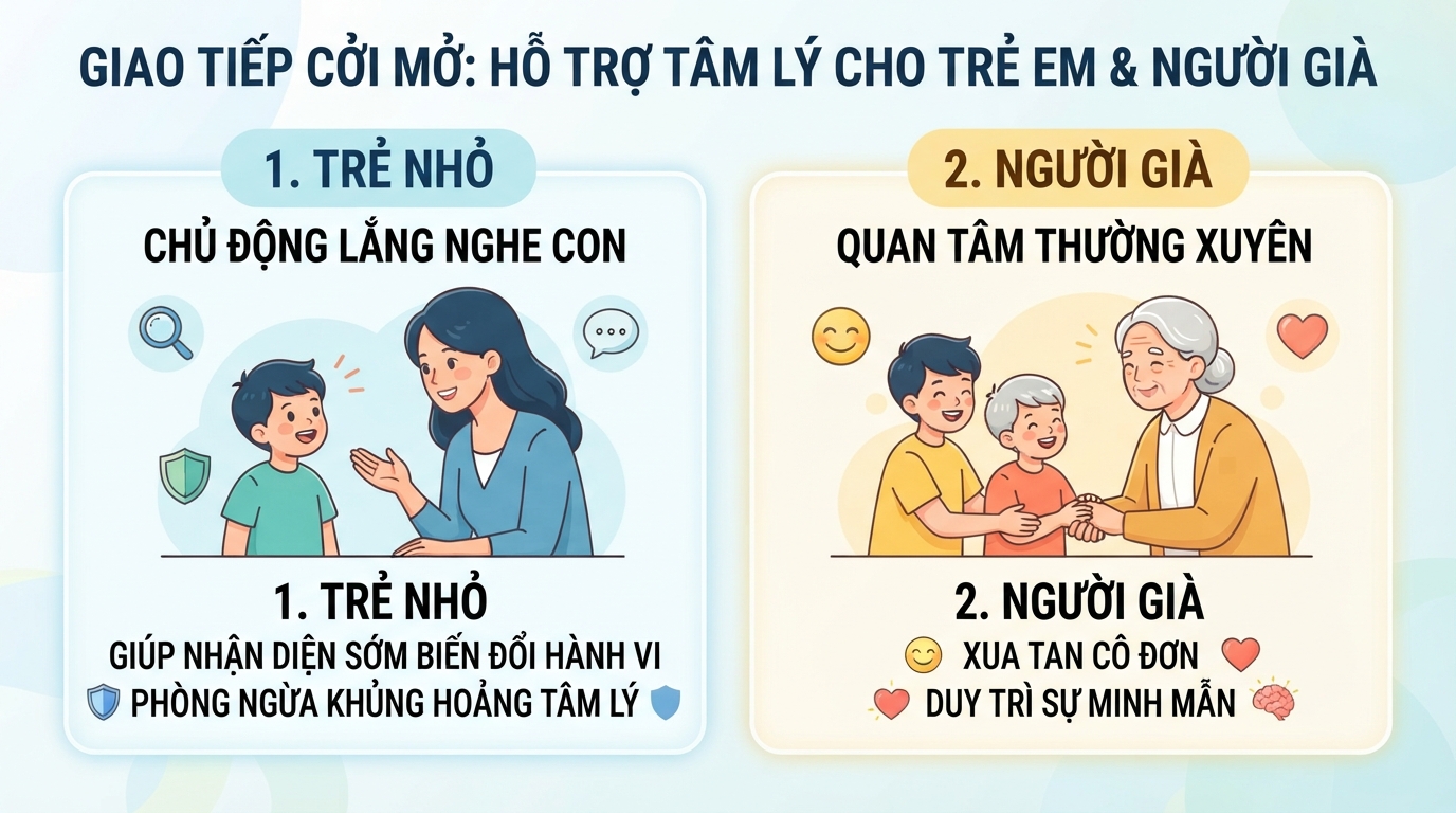Giao tiếp cởi mở hỗ trợ giải tỏa tâm lý cho cả trẻ nhỏ và người già.