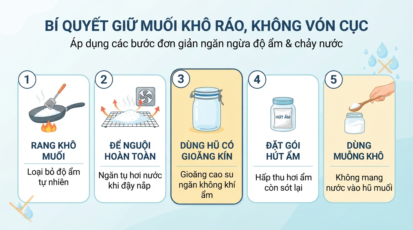 Gioăng cao su nắp hũ ngăn không khí ẩm làm muối bị vón cục.