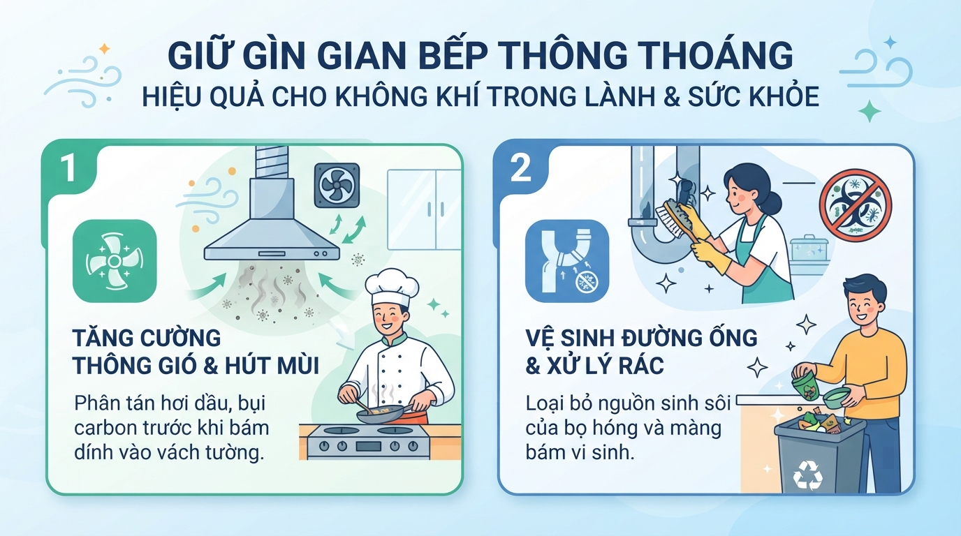 Giữ thông thoáng gian bếp giúp phân tán khói dầu và hạn chế màng bám vi sinh.