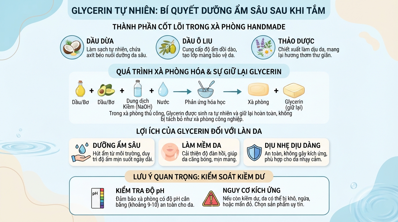 Glycerin tự nhiên trong sản phẩm giúp duy trì độ ẩm mịn sâu sau khi tắm.