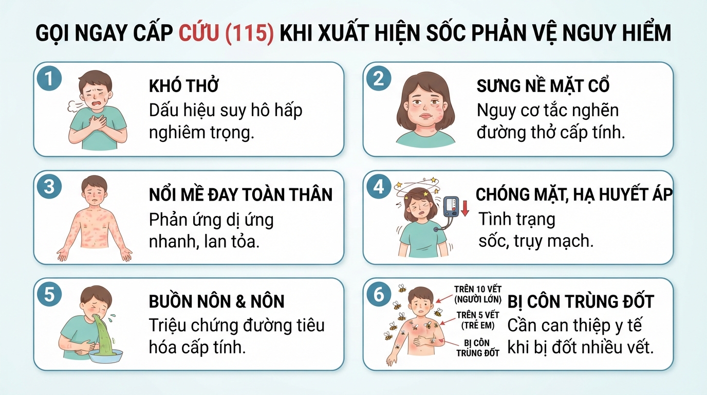 Gọi ngay cấp cứu khi xuất hiện các triệu chứng sốc phản vệ nguy hiểm.