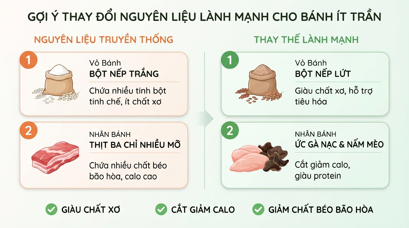 Gợi ý thay đổi nguyên liệu lành mạnh giúp giảm calo cho món bánh ít trần.