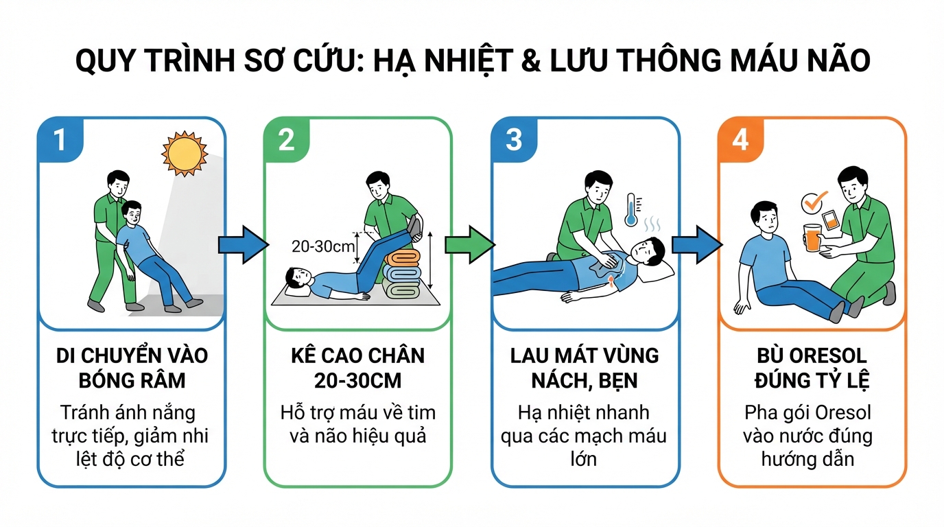Hạ nhiệt cơ học và kê cao chân giúp duy trì lưu thông máu não trong khi chờ cấp cứu.