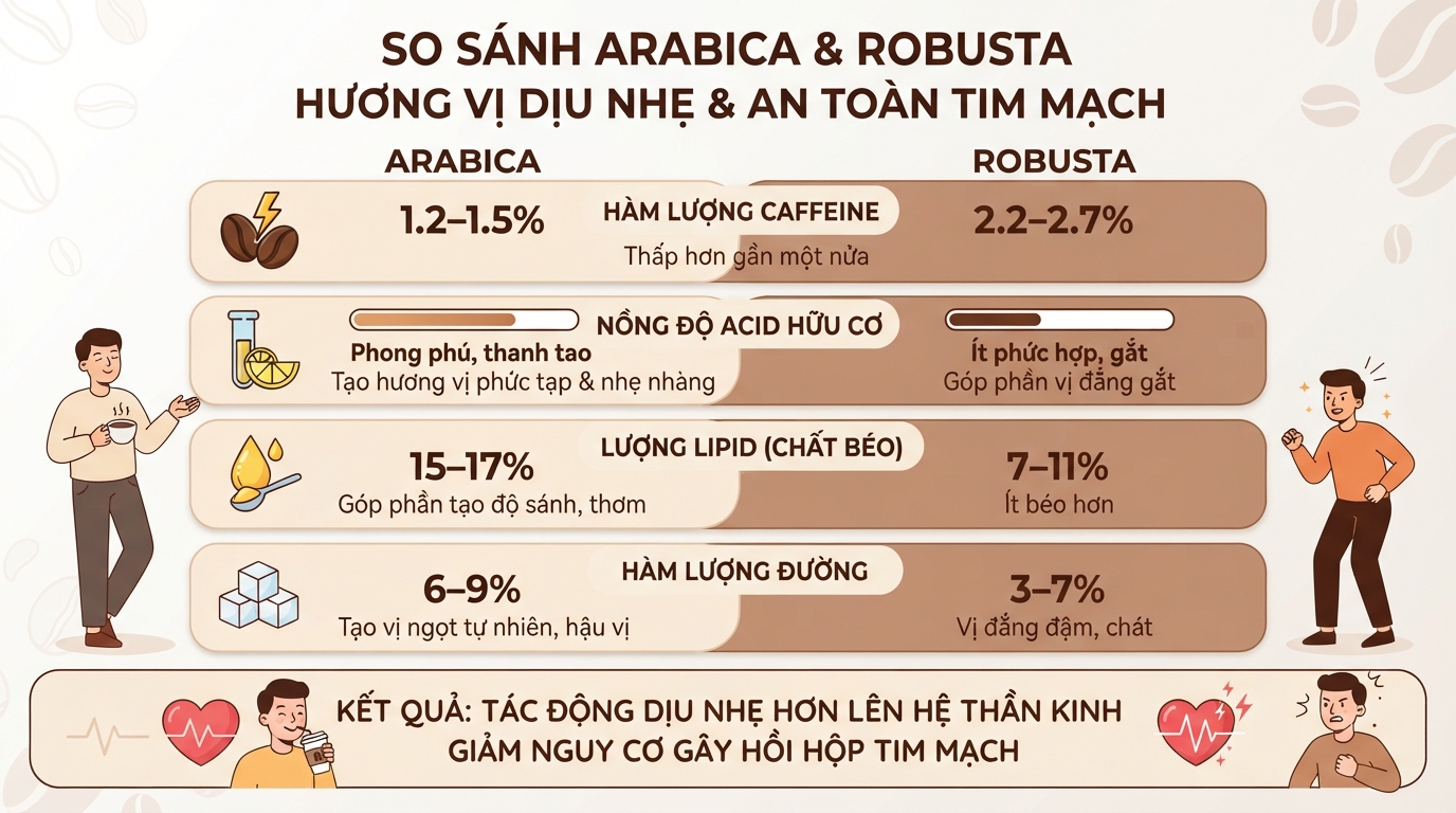 Hàm lượng caffeine thấp hơn một nửa giúp giảm nguy cơ gây hồi hộp tim mạch.