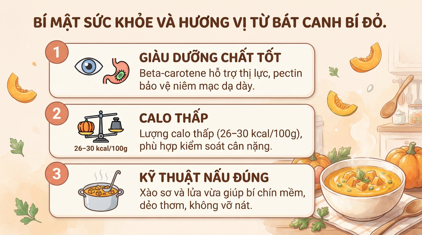 Canh bí đỏ có tác dụng gì? Giá trị dinh dưỡng và cách nấu ngon