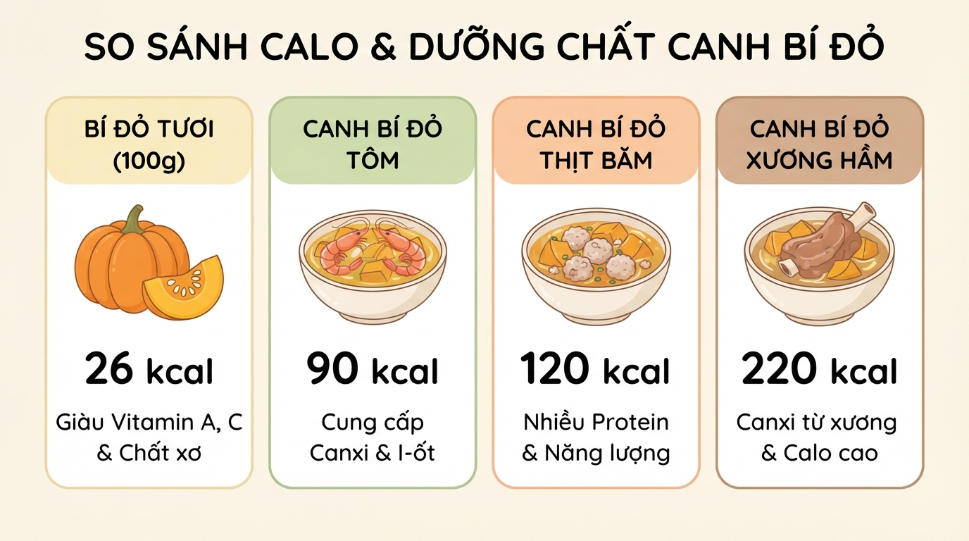 Hàm lượng calo chênh lệch giữa các món canh bí đỏ dựa trên nguyên liệu nấu kèm.