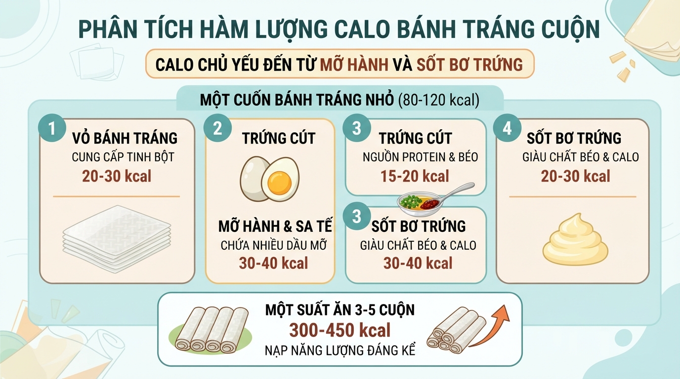 Hàm lượng calo trong bánh tráng cuộn chủ yếu đến từ mỡ hành và sốt bơ trứng.