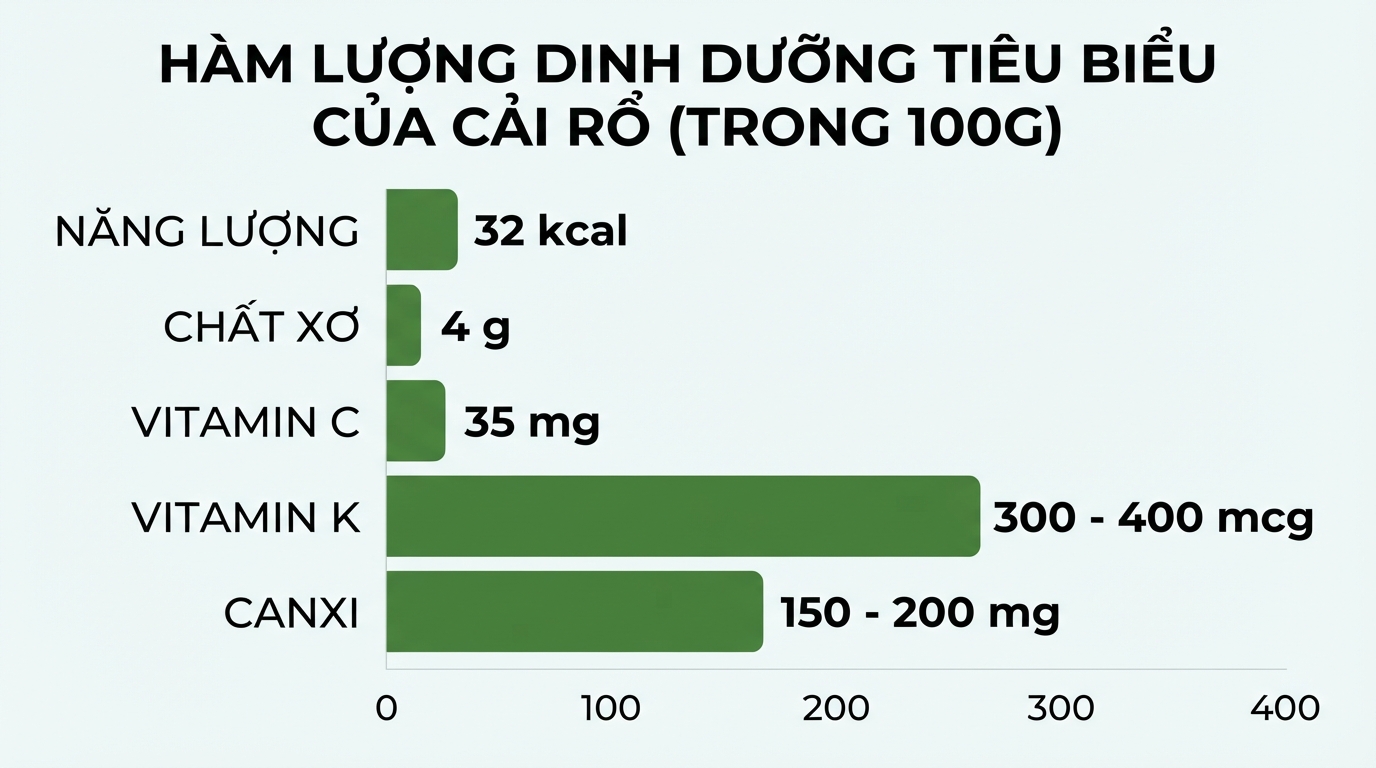 Hàm lượng dinh dưỡng tiêu biểu của cải rổ trong 100g.