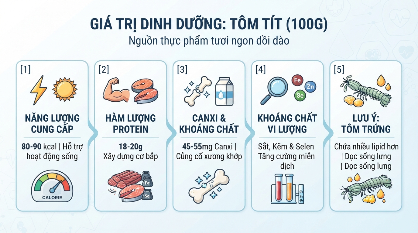 Hàm lượng dưỡng chất thiết yếu có trong 100g thịt tôm tít tươi.