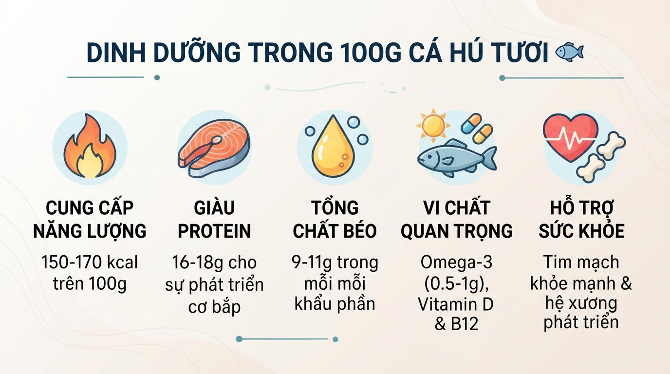 Hàm lượng dưỡng chất và chất béo lành mạnh trong mỗi 100g cá hú tươi sống.