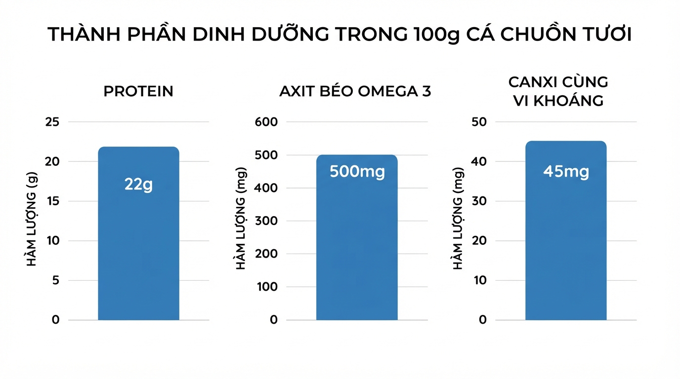 Hàm lượng protein, omega 3 và canxi có trong 100g cá chuồn tươi.